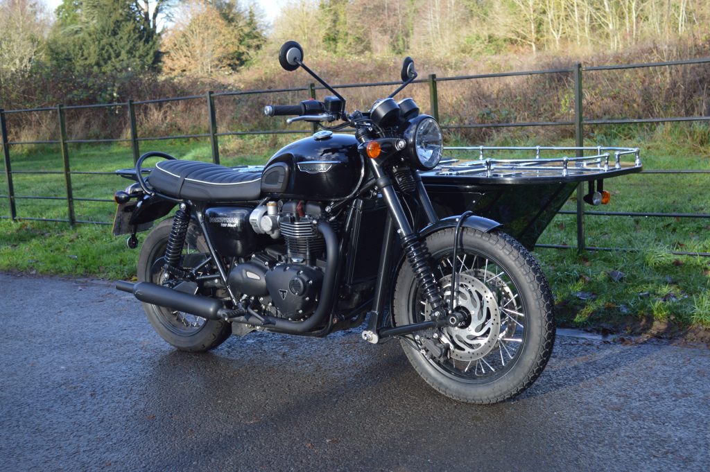 Triumph Bonneville T120 Motorcycle Hearse taken in Maidstone Kent 
Note custom built leading link forks